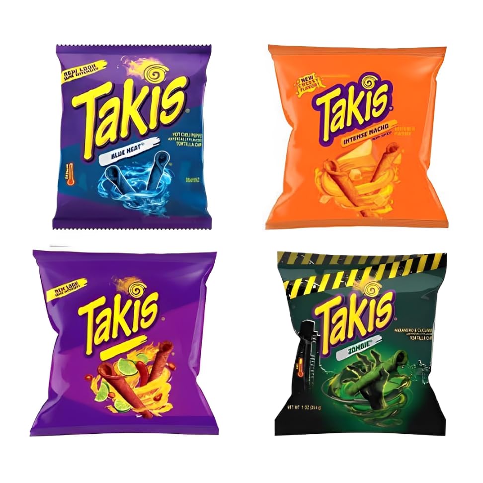 Takis Hero Pack Bundle, 4 stuks, 28 g, Special Edition met Fuego, Blue Heat, Zombie & Intense Nacho Cheese - chips + Heartforcards® verzendbeveiliging