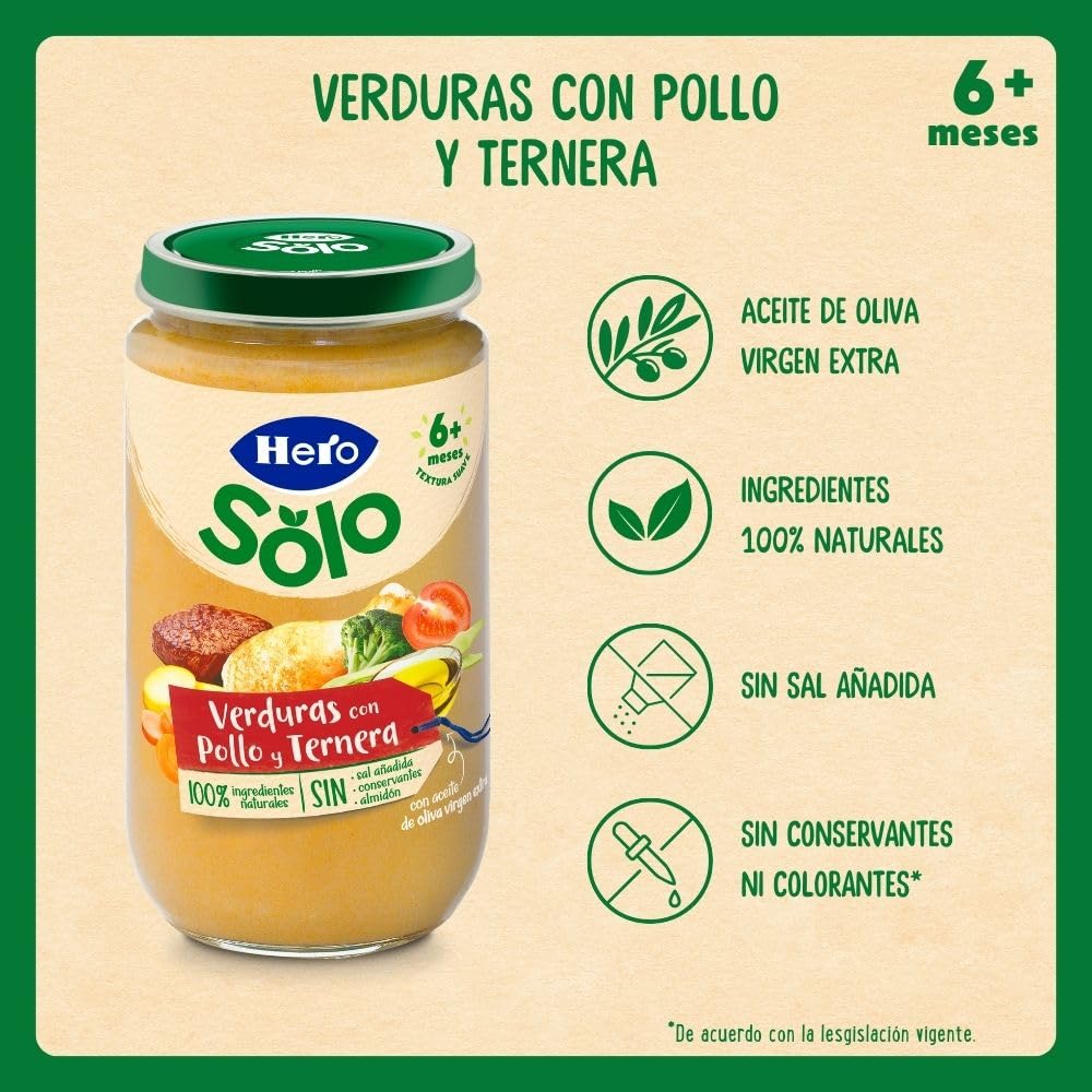Hero Solo, Tarrito de Verduras con Pollo y Ternera, Desde 6 Meses, 100% Natural, Sin Azúcar Añadido ni Almidón, Calidad Baby Garantizada, 235g x 6 unidades