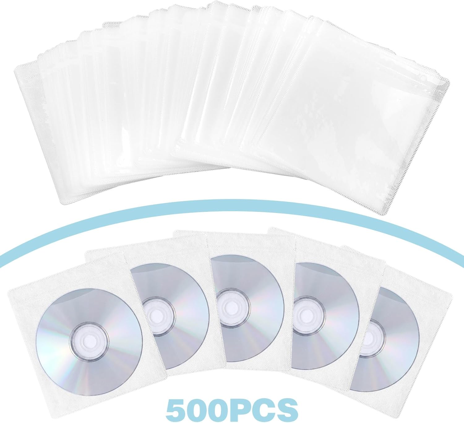 500 Pcs CD Sleeves, Double Sided Plastic DVD Sleeves Envelopes with Clear Window and Flap, White Disc Storage Binders for Home Office Music Movies