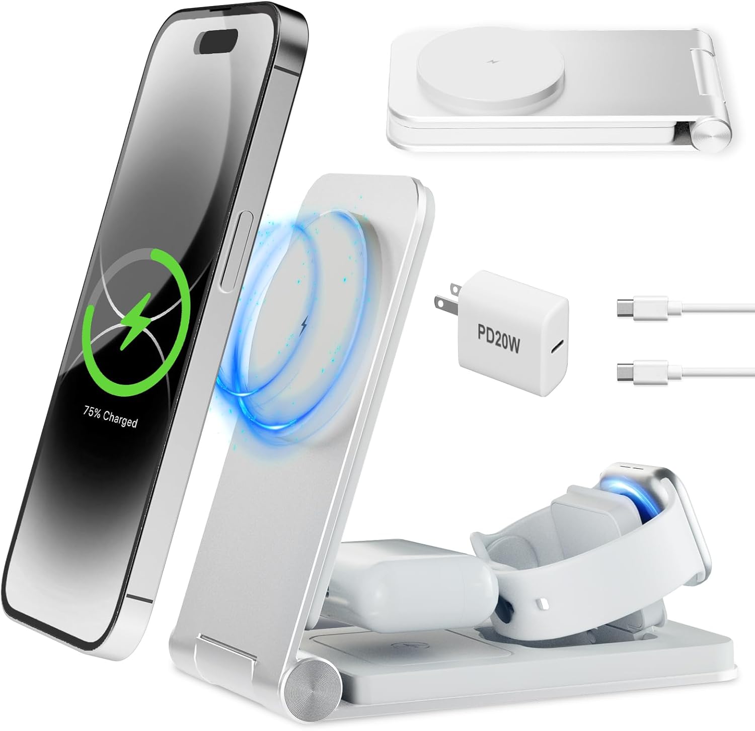 Foldable Aluminum Alloy 3 in 1 Magnetic Wireless Charger,3 in 1 Charging Station for Travel/Home/Office, Compatible with Apple iPhone 12-17, SmartWatch, Earbuds (Including Adapter) (Silver)