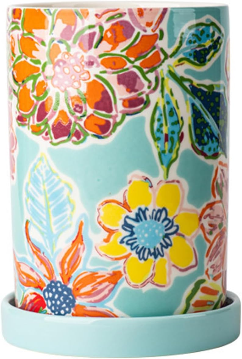 Dxcaicc Kitchen Utensil Holder, Ceramic Utensil Holder for Kitchen Counter, Flowers Series Multiple Drain Holes Chopstick Holder with Drain Tray, 4X7 Inch,C