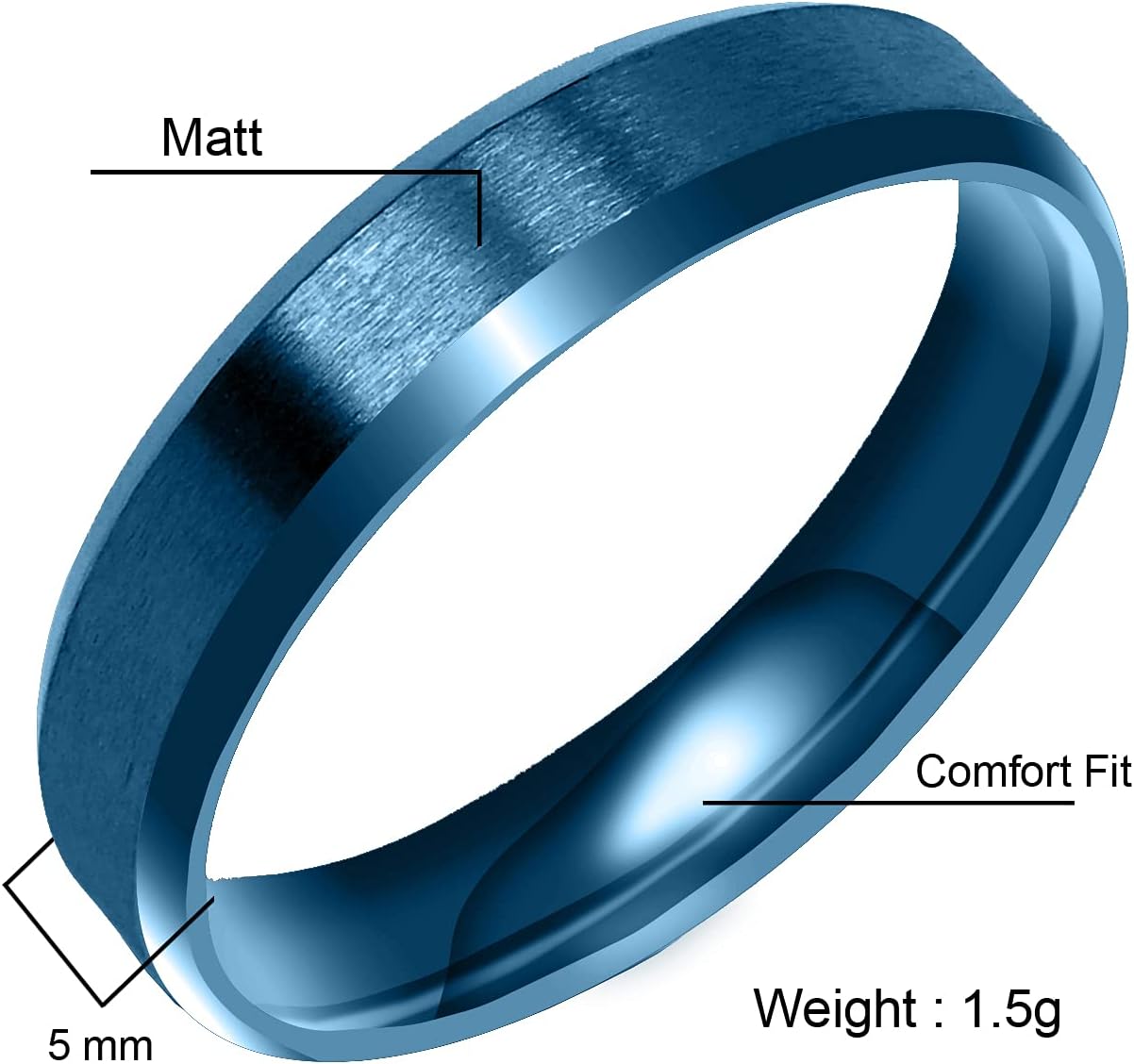 Everstone Matte & Brushed Flat Beveled Edge Ring Male Female Men Women His Her Groom Bride Promise Ring Wedding Bands Titanium Ring Color Blue 7MM 5MM