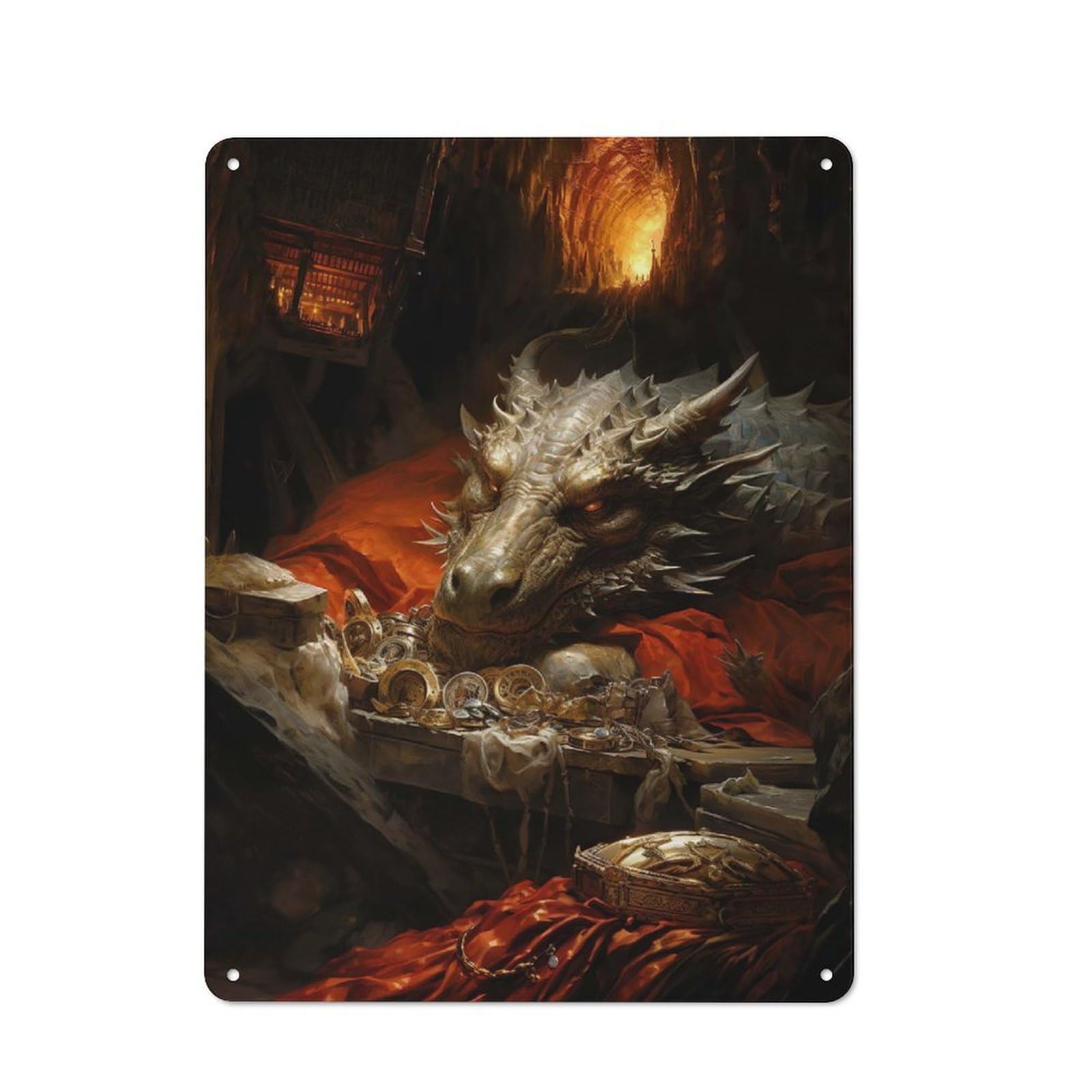 Gold Treasure Dragon Metal Wall Art Sign 40x30cm, Old Fashioned Nostalgic Wall Art for Living Room, Hallway, Kitchen Or Cafe