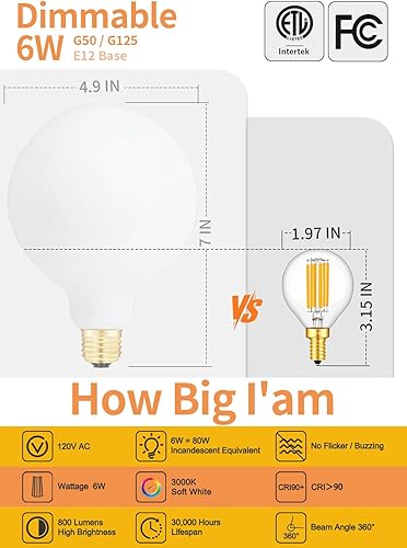 Miniatura 2 de CRLight Bombilla LED regulable de 6 W, 5000 K, luz blanca diurna, equivalente a 650 W, 650 lúmenes, E12, vintage, Edison G16, bombillas de cristal