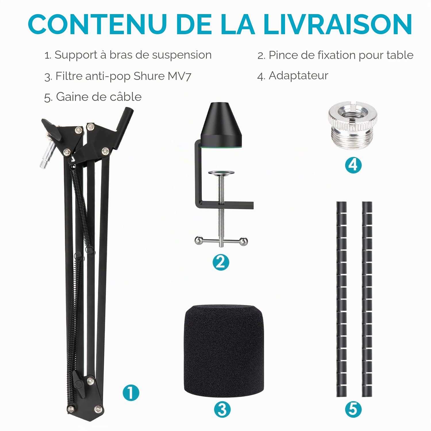 Shure MV7/MV7+ Bras Micro avec Bonnette Mousse, Support Micro Robuste Filtre Anti-Pop, Pied Pince Perche pour MV7X