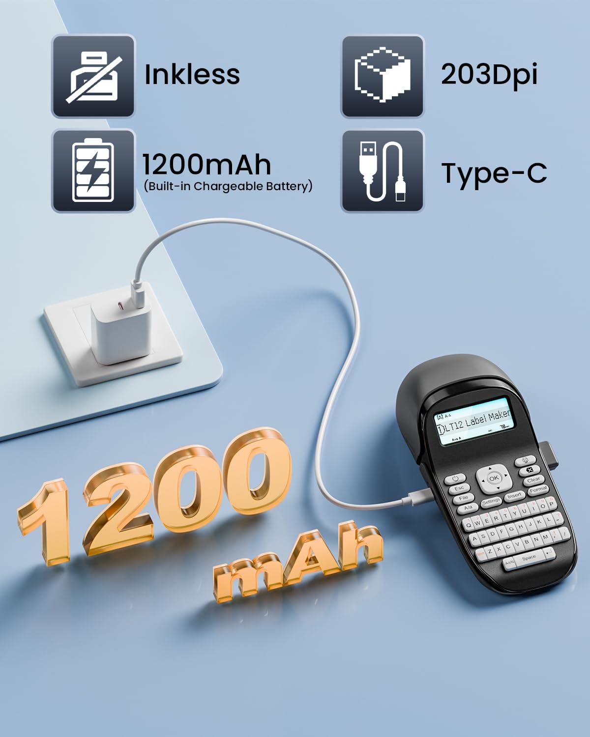 Phomemo LT12 Etichettatrice, Bluetooth Stampante per Etichettatrice Etichette Adesive, Etichettatrici portatile con tastiera QWERTZ Per Casa, L'ufficio,Stampa su Etichette Serie da 3.5 a 12 mm