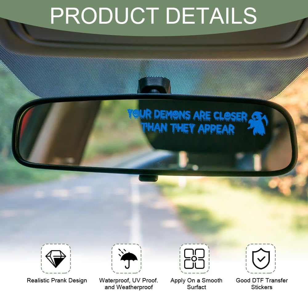 2PCS Funny Halloween Vanity Mirror Stickers, Goth Car Accessories, Your Demons are Closer Than They Appear Rearview Mirror Decal, Vinyl Waterproof Bumper Sticker for Most Vehicles (Blue) image 3