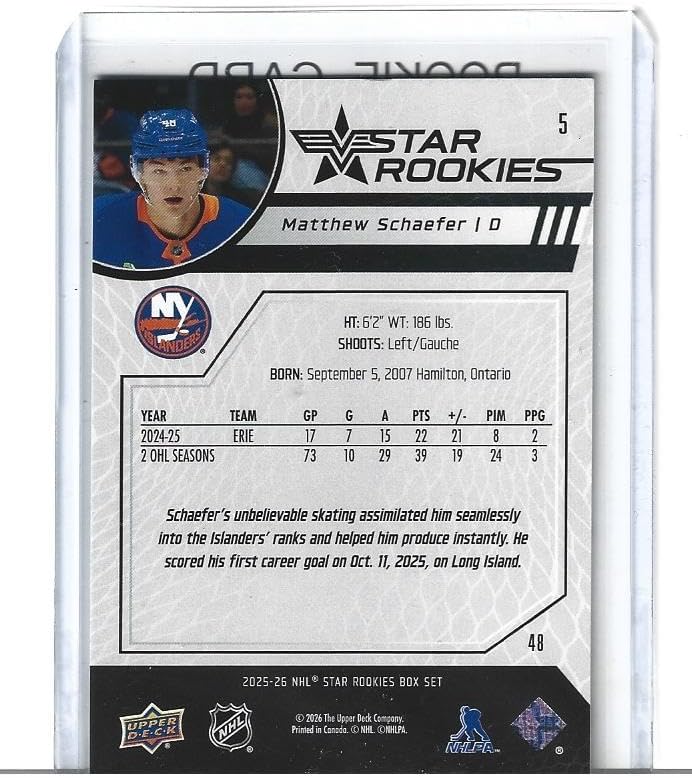 2025-26 Matthew Schaefer Hockey Rookie Trading Card Star Rookies #5 Islanders Young Superstar Player