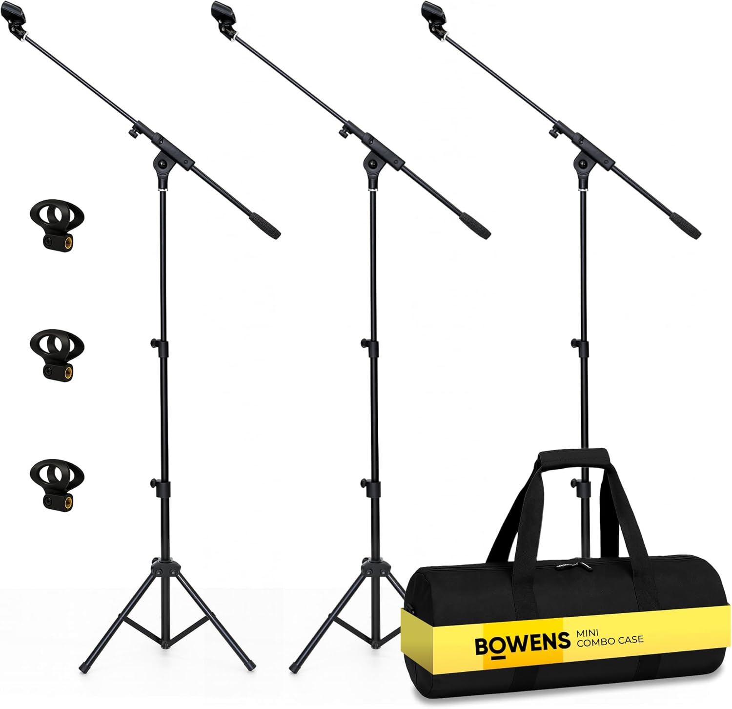 BOWENS 3 Set Adjustable Tripod Mic Stand Boom Arm (18–70″) – Microphone Stand floor for Singing Podcast with Universal Clips and Padded Carry Case