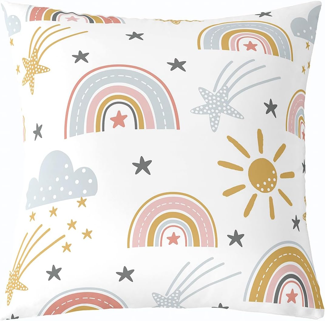 Erosebridal Girls Rainbow Throw Pillow Cover 24x24 Sun and Stars Pillow Cover for Kids Boys Children Cartoon Cloud Cushion Cover Girly Soft Living Room Decorative Square Pillow Case, Yellow Pink