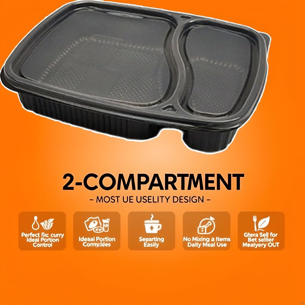 Khaana Packaging Meal Tray with lid Set of 50pc Microwave Safe 2 Compartment Plates for Dinner, Lunch,Unbreakable Made of 100% BPA Free Food Grade Black, Lunch Box Thali (2CP I 50PCS) 2