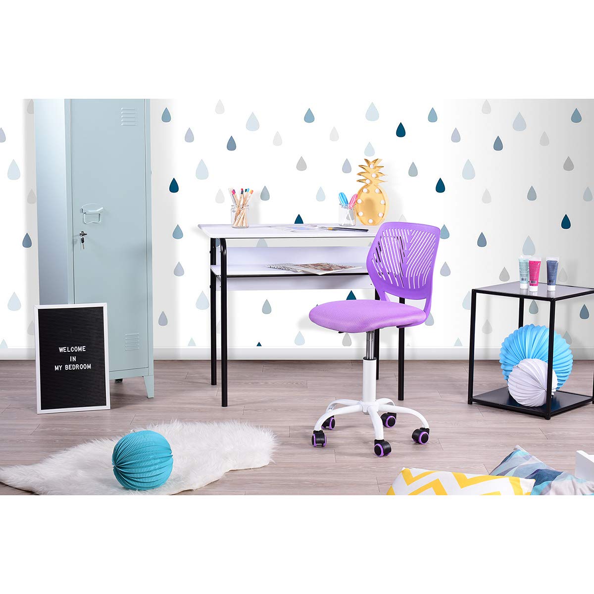 Silla de escritorio, ajustable, de estudio, de ordenador, con asiento de tejido, giratoria, sin brazos, morada