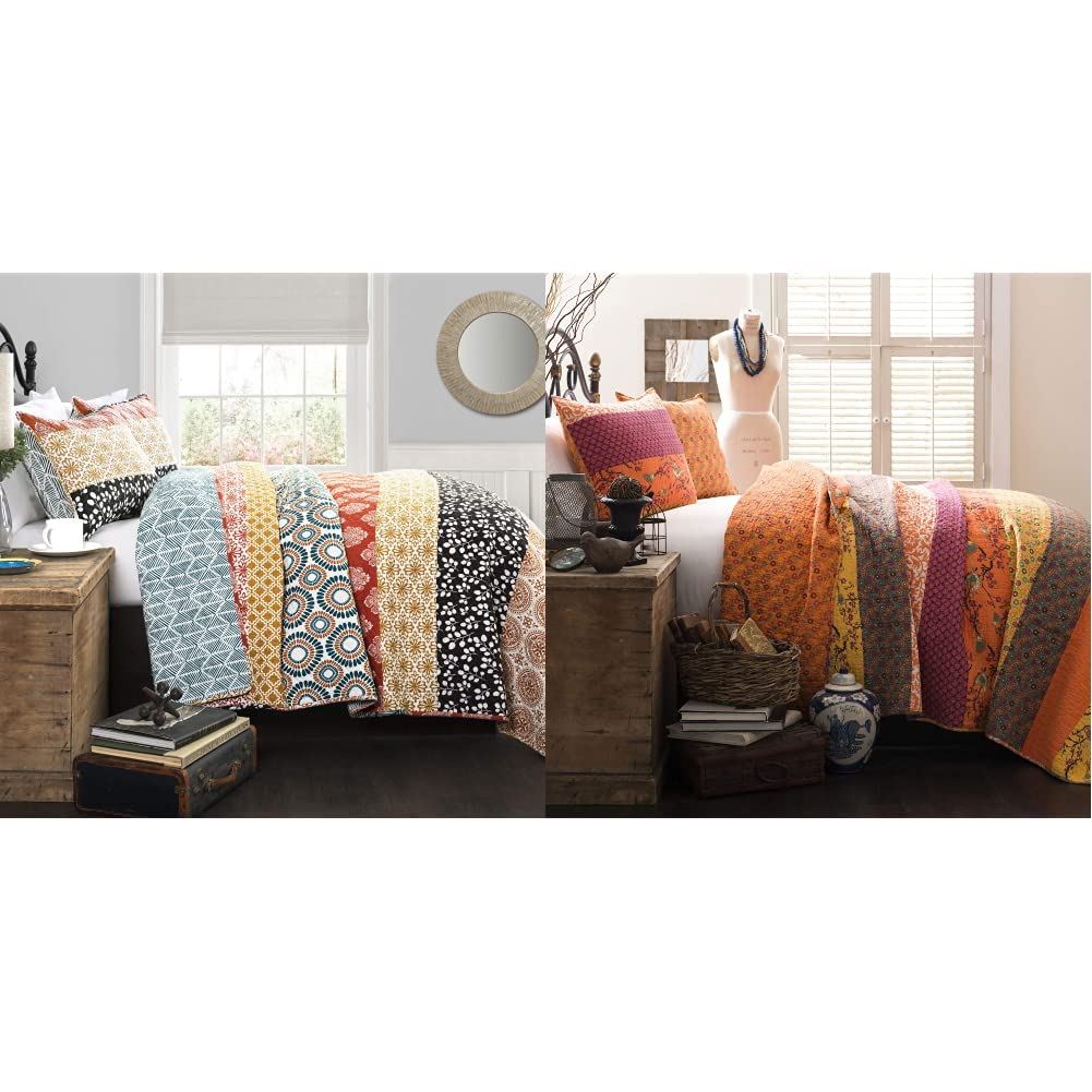 Lush Décor Bohemian Striped Quilt Reversible 3 Piece Colorful Boho