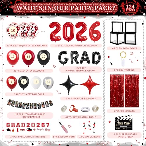 Image of Party Spot!2026 Red and Black Graduation Party Decorations,124 PCS Graduation Decorations Class of 2026,4 PCS Balloons Boxes with LED Light String & Letters 2026 GRAD So Proud of You