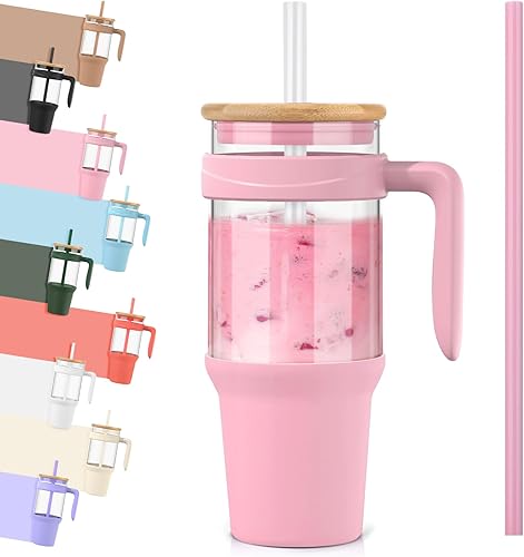 Tronco Vaso de vidrio de 40 onzas con asa, vaso de vidrio reutilizable con popote y tapa, taza de café helado con tapa de bambú, botellas de agua de
