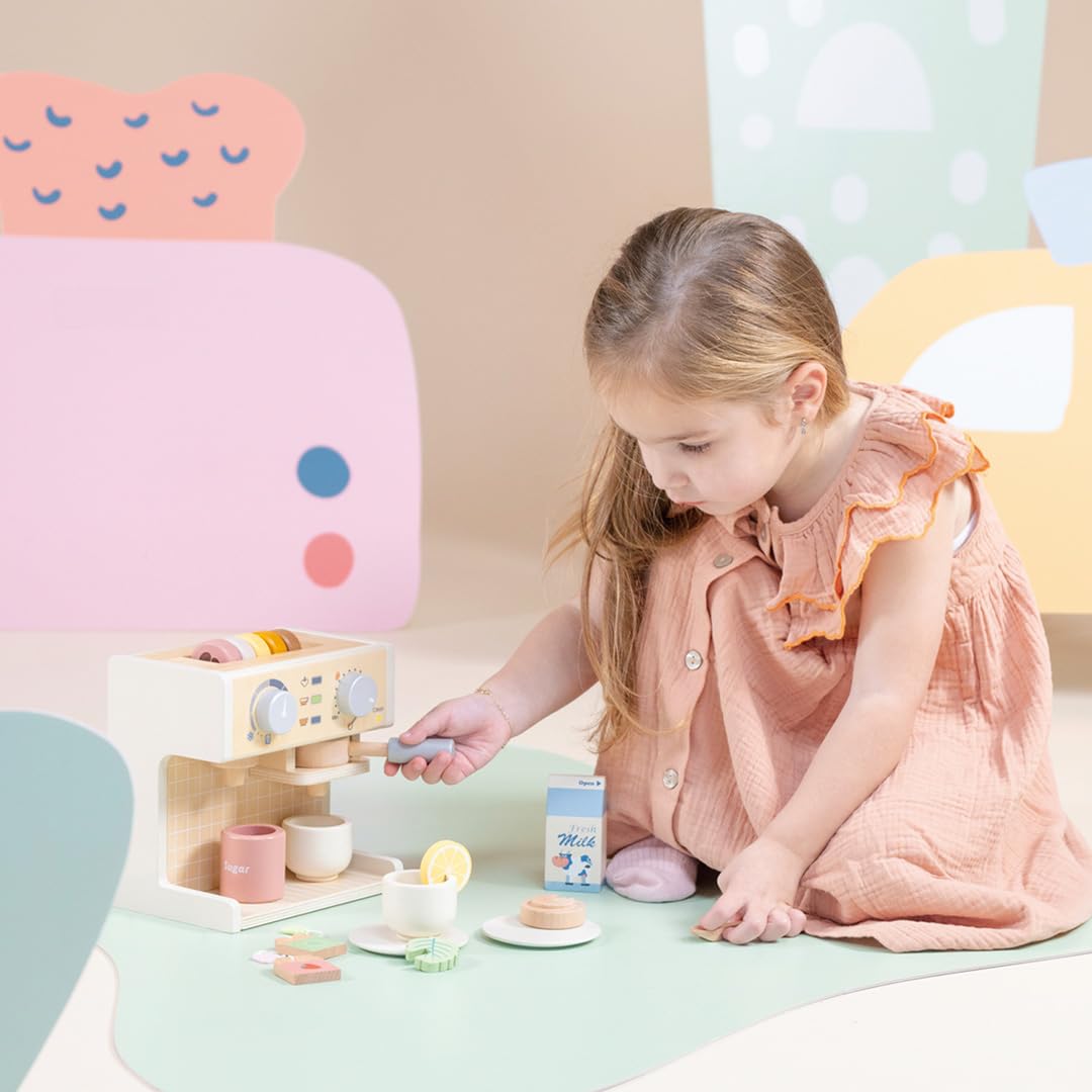 Woet® Jouet Machine à Café en Bois pour Enfants – Set Barista avec Lait, Sachets de Thé et Accessoires – Jouet de Cuisine FSC – À Partir de 3 Ans – Cadeau Filles et Garçons