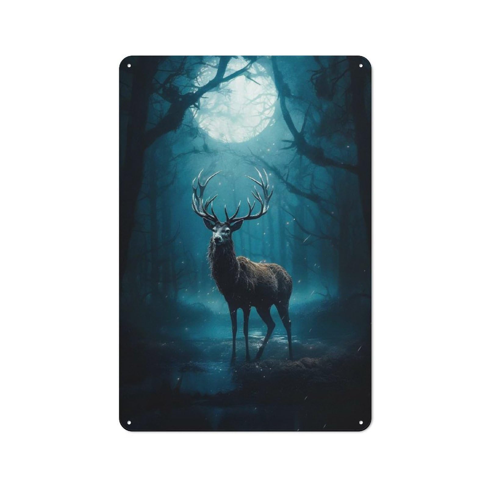 Junmoney Style-15 Tin Wall Plaque 30X20cm With Deer In Moonlight For Garage Wall, Suited To People Furnishing A Garage