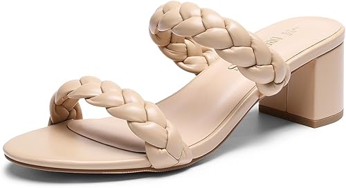 DREAM PAIRS Zapatos de tacón bajo con dos correas trenzadas para mujer, puntera abierta, tacón grueso, sandalias de tacón grueso, para fiestas,