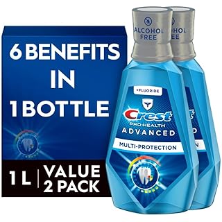 Crest Pro-Health Advanced Mouthwash, Alcohol Free, Multi-Protection, Fresh Mint, 1 L (33.8 fl oz), Pack of 2, Blue
