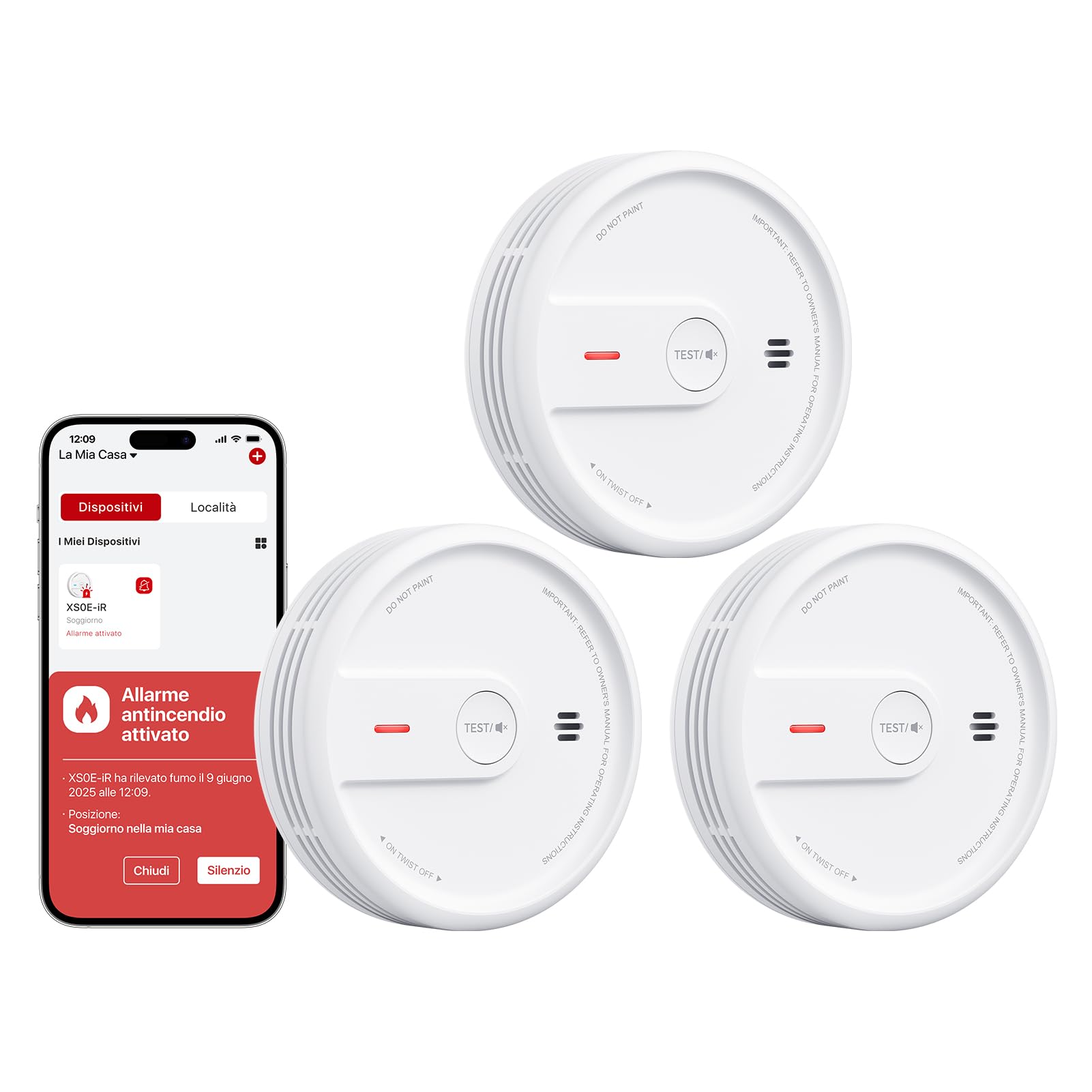 X-Sense Rilevatore di Fumo con Funzione Wi-Fi e App, Allarme Antincendio Intelligente per Casa, Sensore Durata 10 Anni con Batteria Sostituibile, Modalità Notturna, XS0E-iR, 3 Pezzi