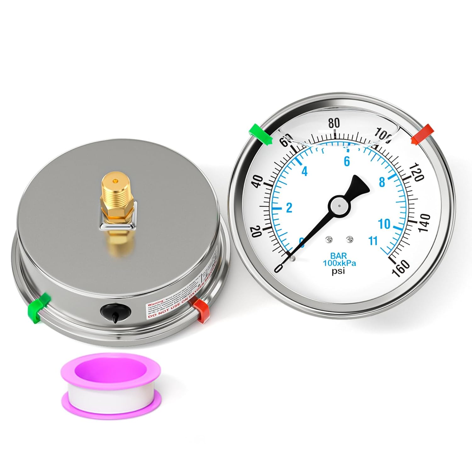 0-160PSI Stainless Steel Liquid Filled Pressure Gauge, 4" Dial Size, 1/4" NPT Back Mount, for Tube, Water Pump, Gas, Liquid, Pressure Test (with Range Mark Pointer)