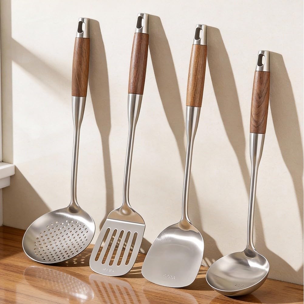 Manico in legno, utensile da cucina, 39 cm, per padelle, wok (set da 4