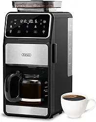 Gevi Cafeteira de gotejamento de 10 xícaras com moedor embutido, máquina de café combo de moagem e rebarba com tela sensível ao toque, programável, prato quente de 4 horas, filtro permanente, jarra de