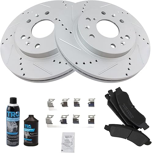 Miniatura 2 de TRQ Kit de pastillas de freno delanteras y rotores de alta calidad con revestimiento en G ranurado X perforado semimetálico compatible con Cadillac