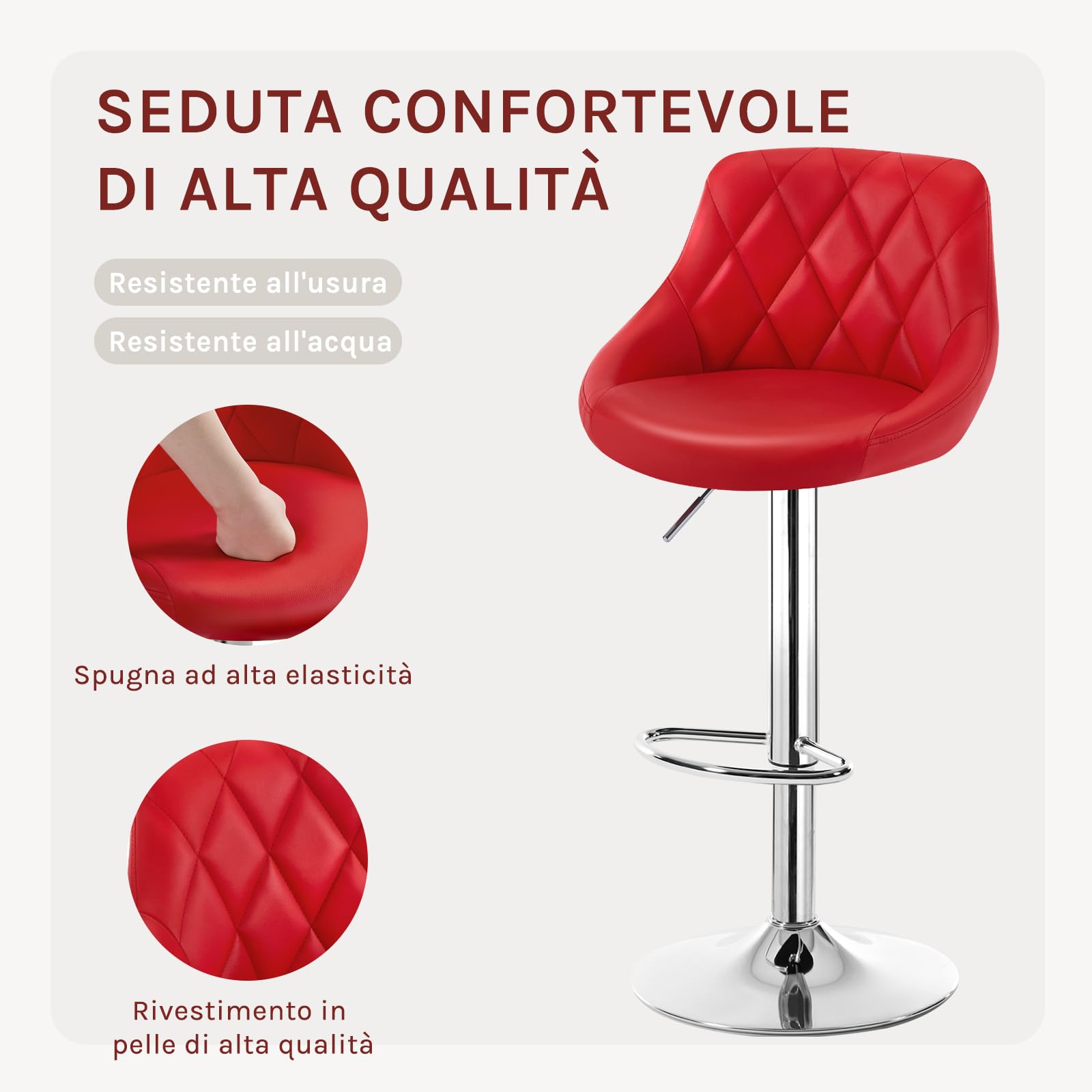 WOLTU Sgabello da Bar Moderno Girevole Sedia Cucina Alta con Schienale Quadrato Poggiapiedi Senza Braccioli Altezza Regolabile in PU Rosso 1 Pezzo