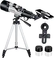 Telescópio para crianças iniciantes, 70 mm abertura 400 mm telescópio refratário astronômico para adultos estudantes - telescópios de viagem com tripé, adaptador de telefone (prata)