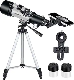 Telescópio para crianças iniciantes, 70 mm abertura 400 mm telescópio refratário astronômico para adultos estudantes - telescópios de viagem com tripé, adaptador de telefone (prata)