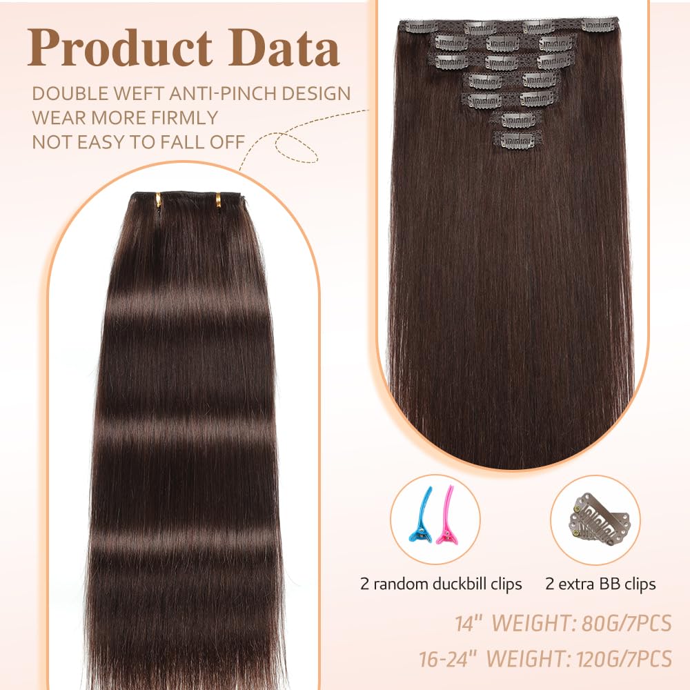 HotLulana Extension Capelli Veri Clip 7pcs 50cm 120g Marrone Cioccolato Extension Capelli Veri 20 Pollice Extension Capelli Clip Invisible Extension Clip Capelli Veri Clip IN Extension Human Hair 2#