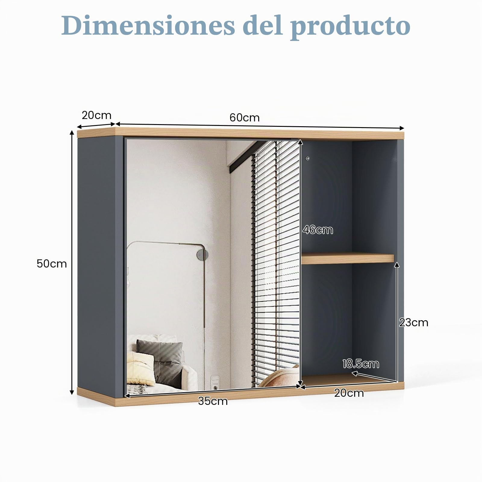 LIFEZEAL Armario de Pared para Baño con Espejo, Armario de Madera, Armario con Estante Ajustable, Organizador con Espacio Abierto, 60 x 20 x 52 cm