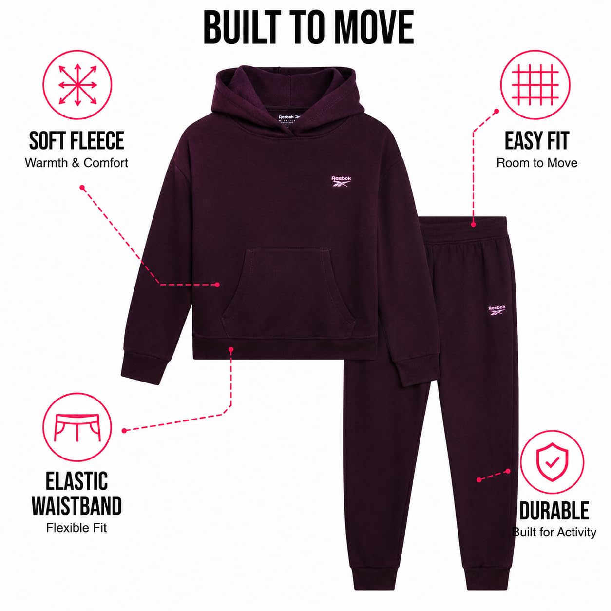 Reebok da Set 2 pezzi felpa con cappuccio tuta e pantaloni della per ragazze