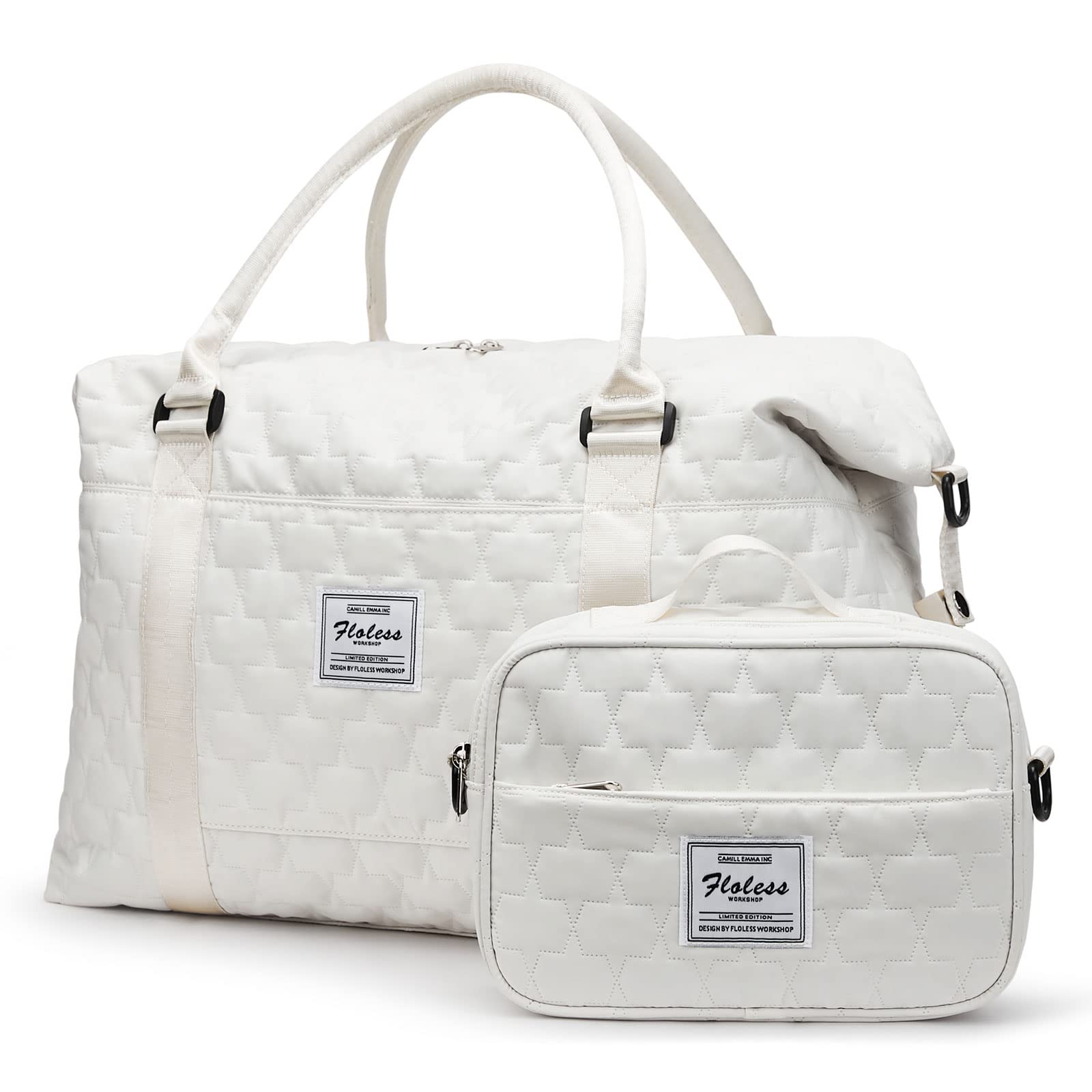 Womens Weekender Gym Duffel Bags White Cute Travel Tote Bag with Toiletry Bag Carry On Bag Overnight Bag with Wet Pocket Hospital Bag for Labor and Delivery