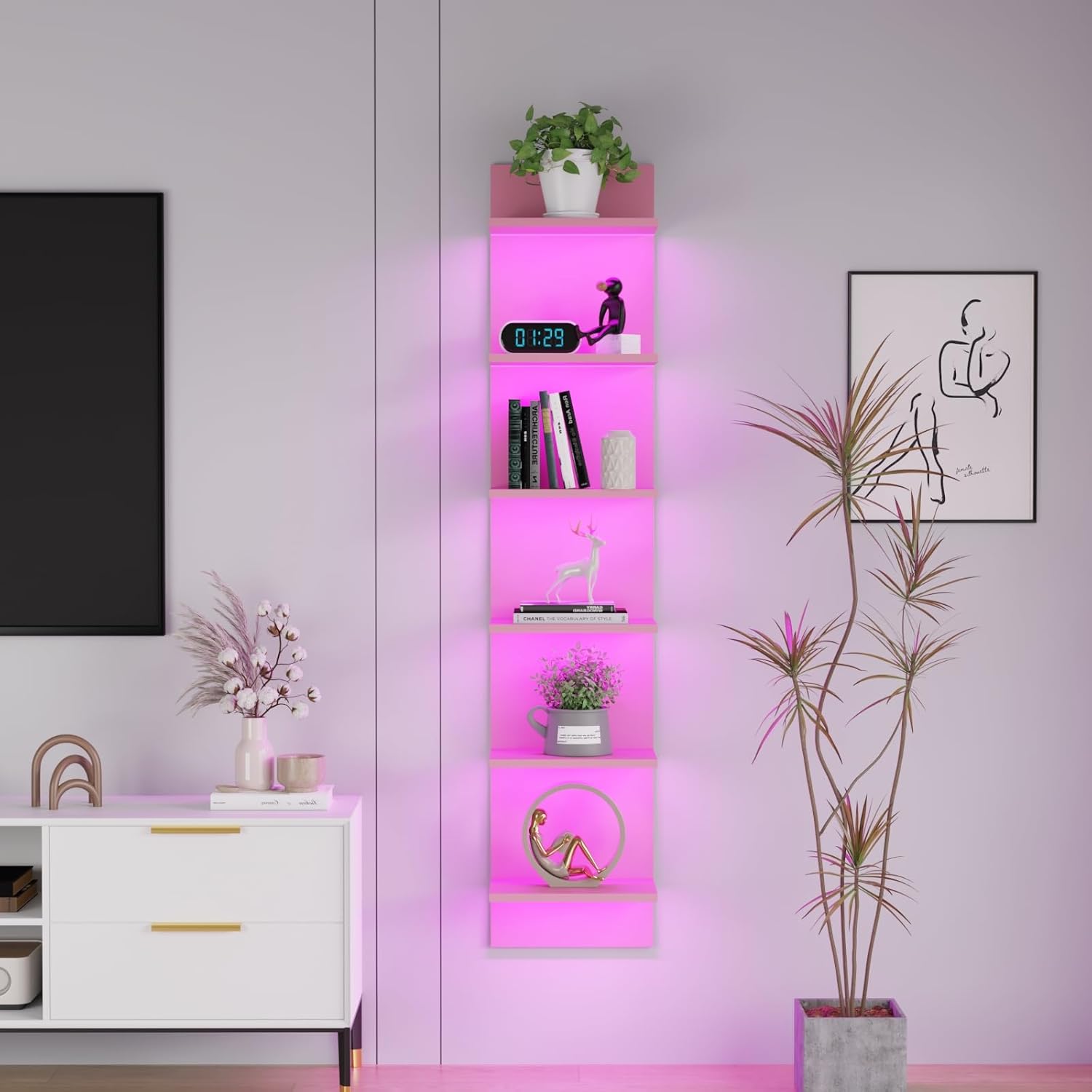 6 Tier Wall Shelf Unit with LED Light, Display Floating Storage Home Decor Organizer Shelves for Bedroom Living Room, White