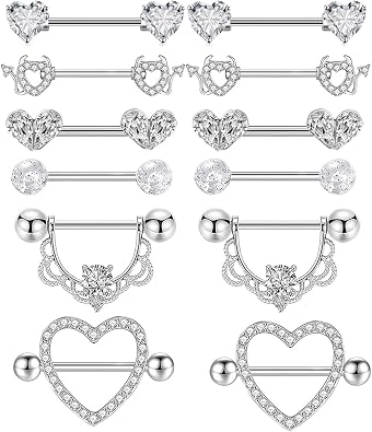 TIANCI FBYJS 6 Pairs Nipple Rings Stainless Steel Heart Butterfly Moon Flower CZ Stud Barbell Tongue Rings Set Cute Nipplerings Piercing Jewelry for Women Pink Tone