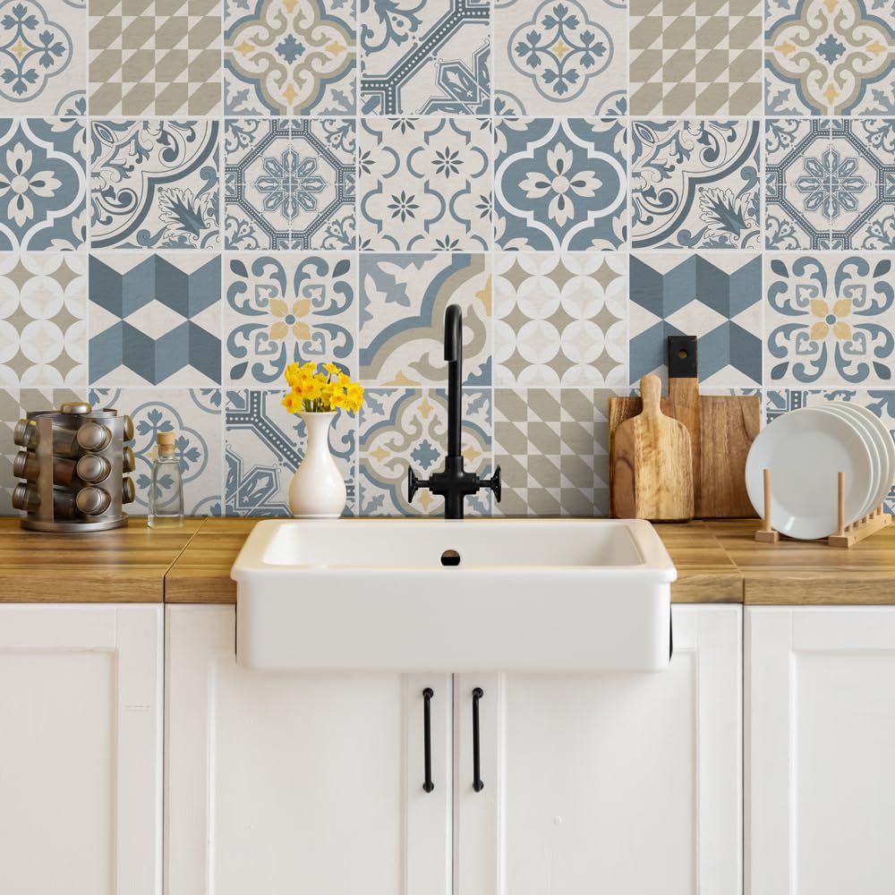 RE-COVERTILES - Adesivi Piastrelle Cucina Bagno Mattonelle adesive in PVC Impermeabili Antigraffio Stickers Decorazione Parete Cementine Peel and Stick - Modello 12 Pz 15x15 cm PS00086 Made in Italy