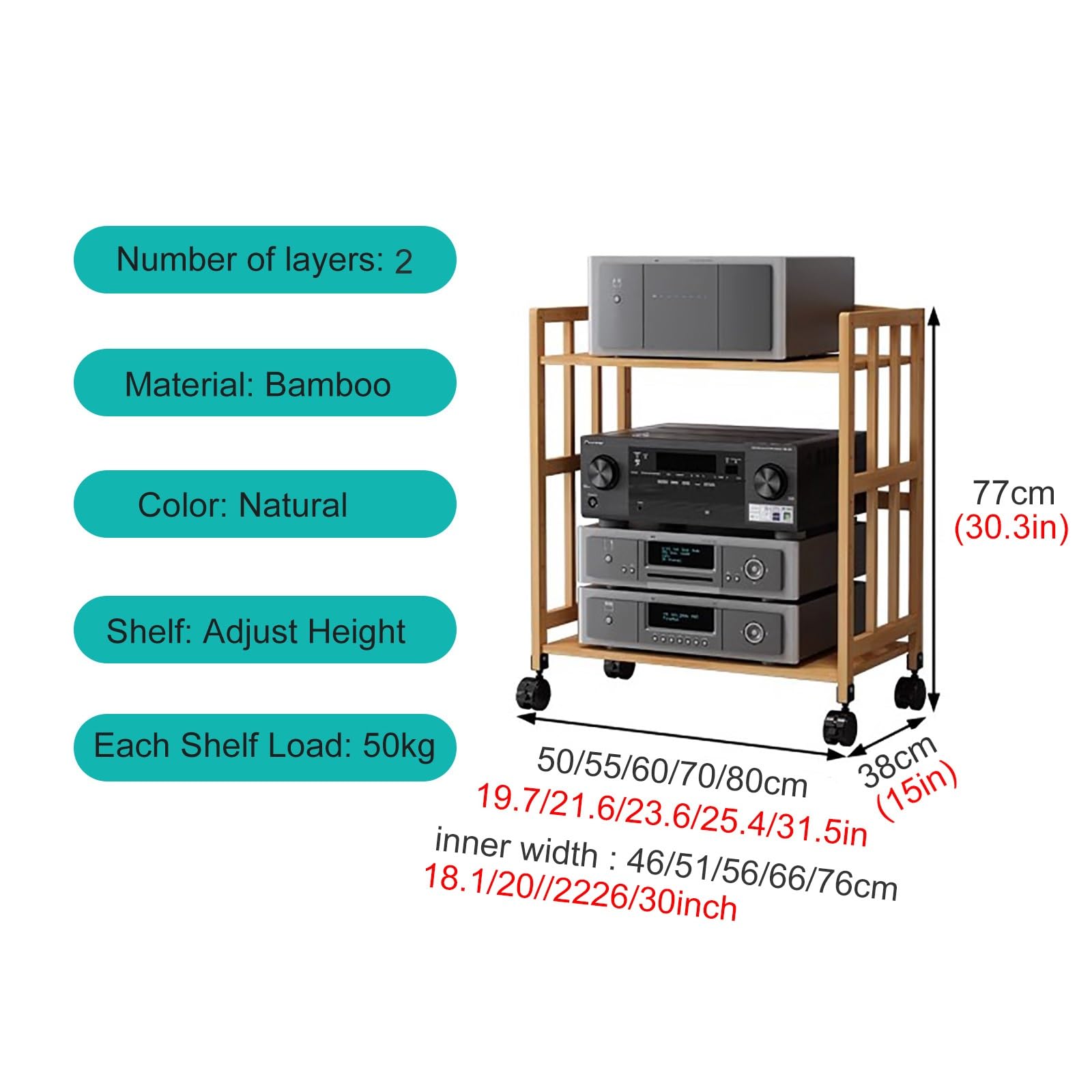 JYHHCYS Mobile Bamboo Audio Rack Cabinet Stereo Component Stand On Wheels, Multi-Layer Upright Record Player Amplifiers Media Shelf with Adjustable Shelf (Color : 2 tier-77CM Tall, Size : W-55CM)