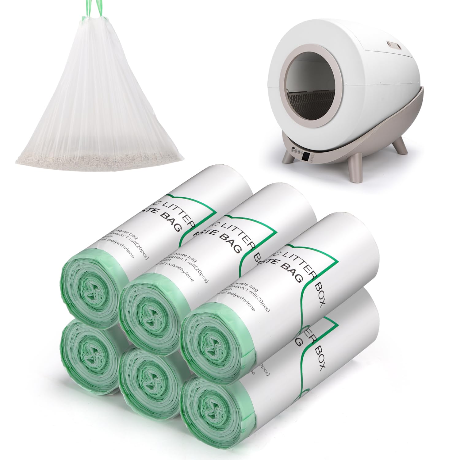 Nobleza - Bolsas de Arena para Gatos 50x50 cm, Compatibles con Areneros Automáticos, Accesorios de Limpieza, Extra Gruesas y Resistentes, Gran Capacidad, Cierre con Cordón, 120 Unidades (6 Rollos)