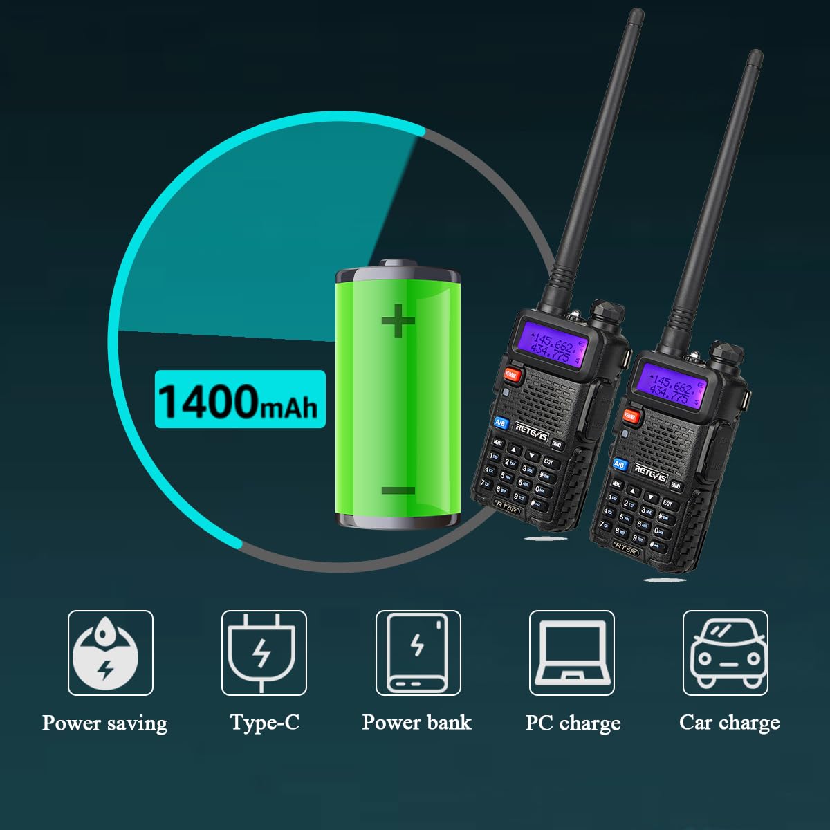 Retevis RT5R Talkie Walkie Longue Portée, Double Bande, Talkie Walkie Chasse, 128 Canaux, Type-C, Lampe de Poche, Chasse, Portable, Secours d'urgence (Noir, 2Pièces)