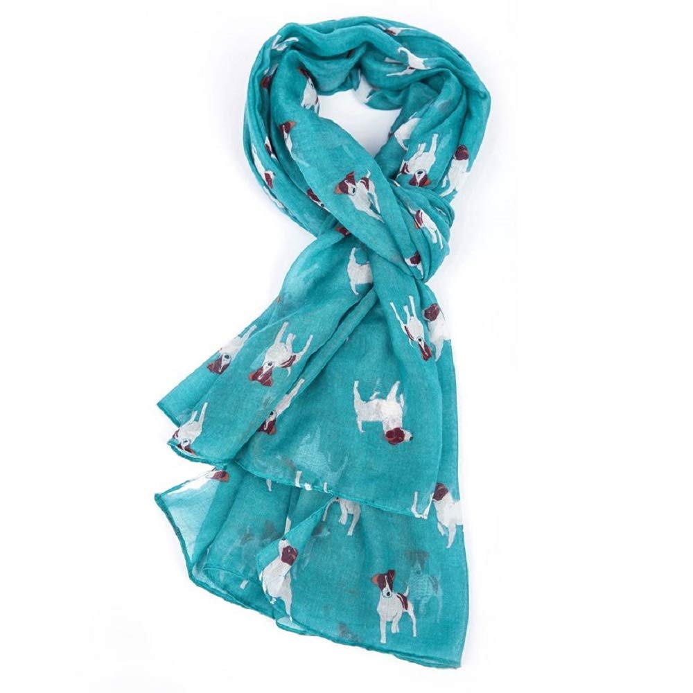 LilyRosa® Jack Russell Scarf White Blue Purple Mustard Navy Pink Grey Ladies Dog Print Shawl Wrap Scarves (Blue)