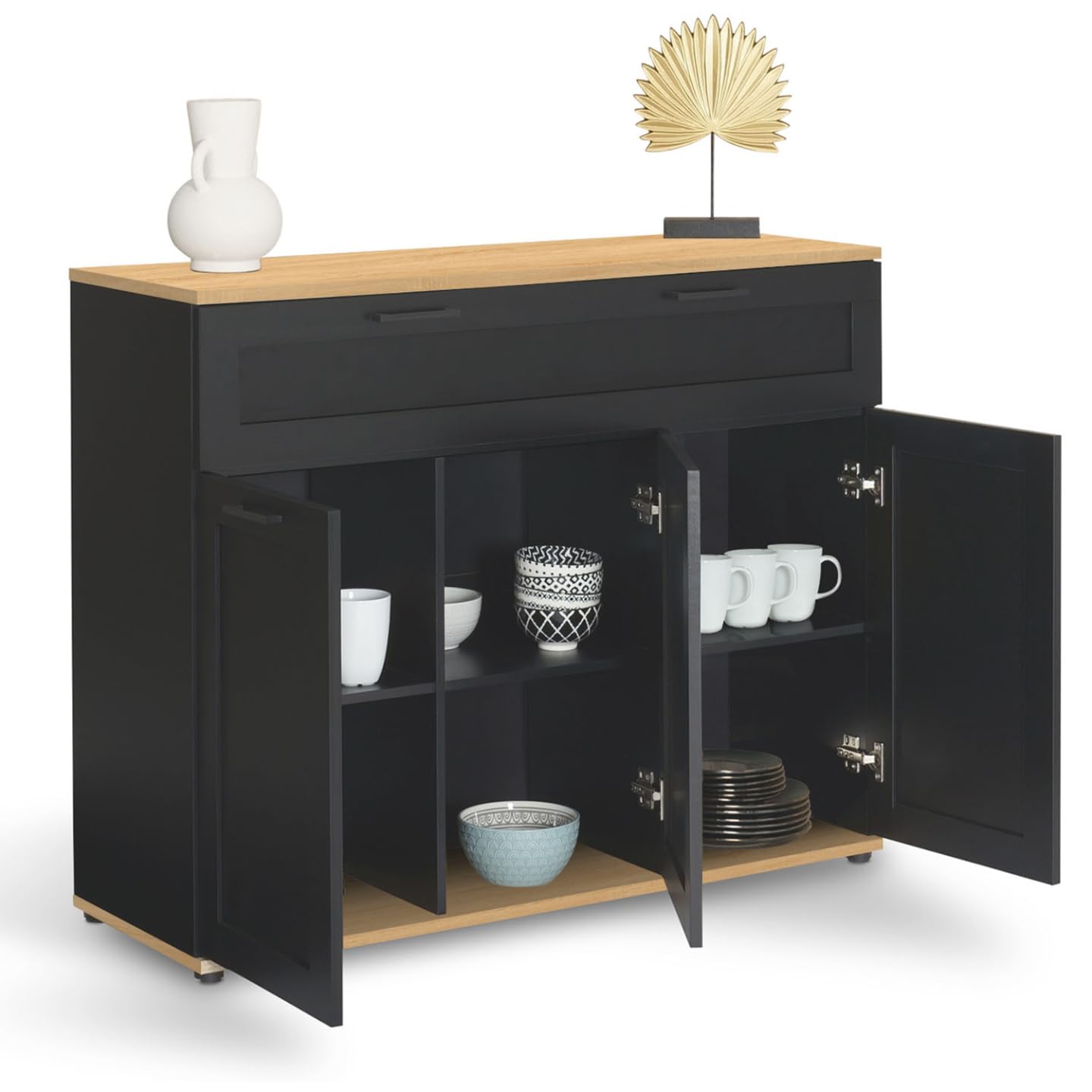IDMarket - Buffet 100 cm VITO 3 Portes et 1 tiroir Noir et Plateau Bois
