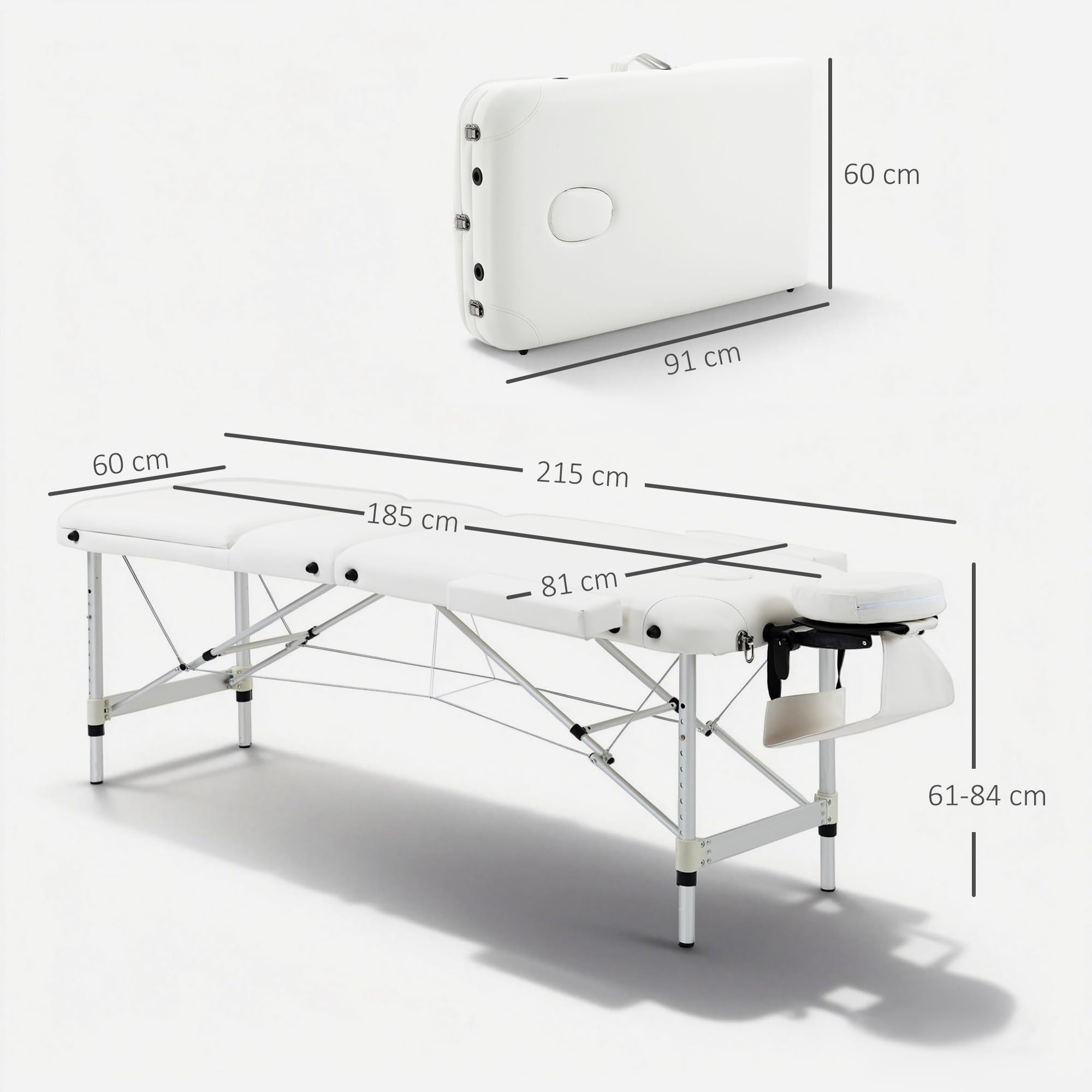 HOMCOM Mobile Massageliege 3 Zonen Klappbar Massagetisch mit Kopfstütze Armlehne Tragetasche höhenverstellbare Aluminium Massagebett tragbar inkl. Zubehör Massagebank bis 225 kg Belast Weiß