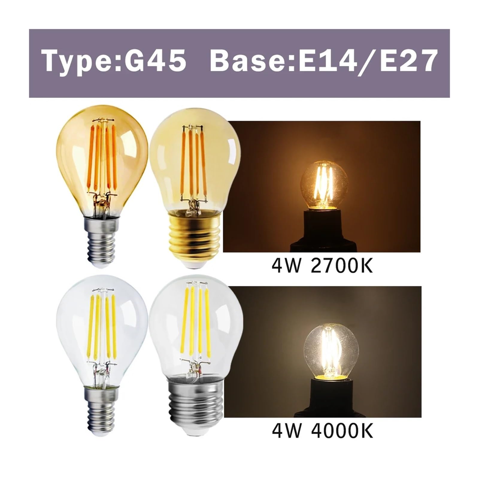10 Bombillas LED Retro E27 E14 B22 de 220 V, filamento LED for el hogar, G45, A60, ST64, G80, G95, 2700 K, 4000 K.(A60 E27 4000K)