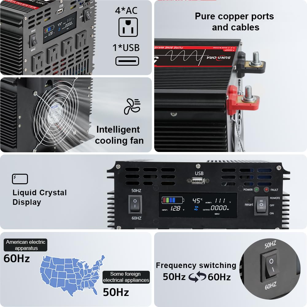 Sunivora 5000 Watt Pure Sine Wave Power Inverter with LCD 12V DC to 110V/120V AC Peak Power 10000W Car Power Inverter with 4 AC Outlets & 1 USB Port & Remote Control for Truck RV Car Solar System