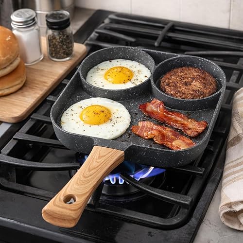 Miniatura 2 de Sartén para huevos fritos, sartén para huevos divididos de 3 secciones, sartén antiadherente 3 en 1 para panqueques con mango de madera para estufa