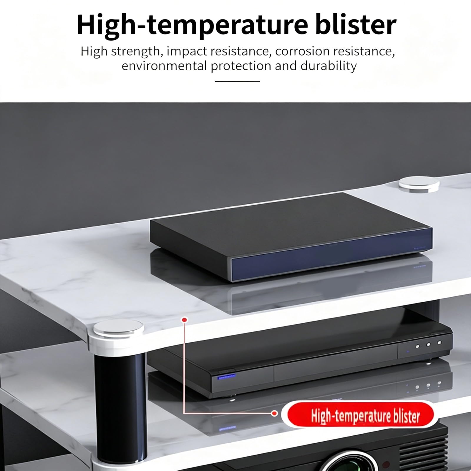Soporte estéreo blanco de 2 niveles para reproductor de grabaciones, centro de entretenimiento con estantes, soporte multimedia AV y estante de DVD para cine en casa