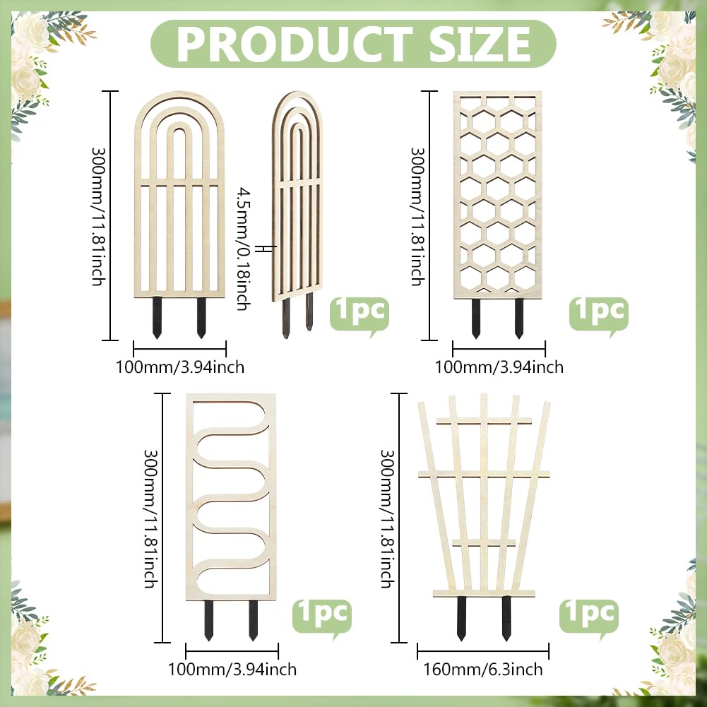 FINGERINSPIRE 4Pcs Treillis pour Plantes D'Intérieur 4 Styles en Bois Amande Blanchi pour Plantes Grimpantes D'Intérieur Formes Mixtes Support pour Plant de Jardin Lierre Plant D'Extérieur en Pot
