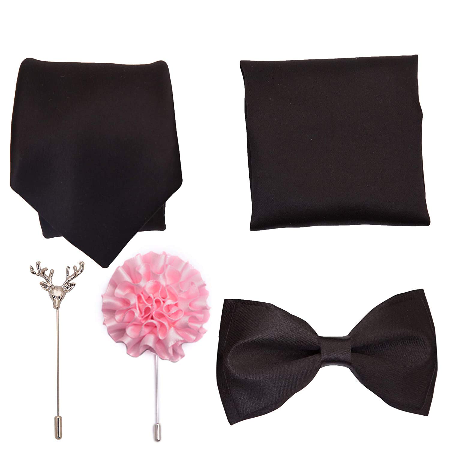 Men's Satin Pocket Square, Bow Tie and Lapel Pins (Black)-image-35